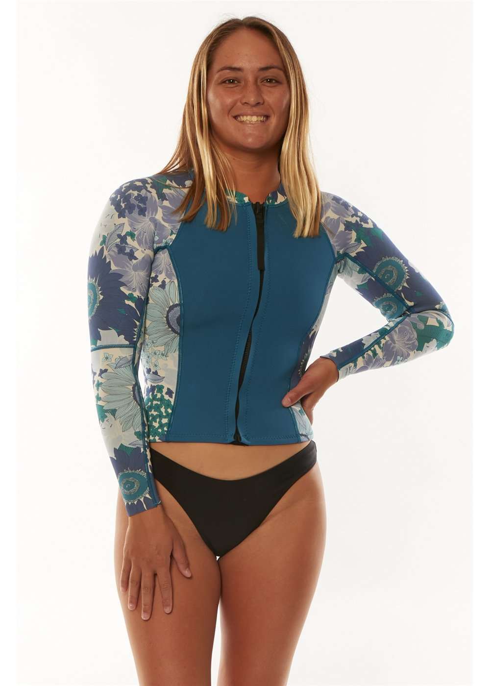 Sisstr summer seas neoprene jacket with a teal zip-front body and blue, white, and floral-print long sleeves.
