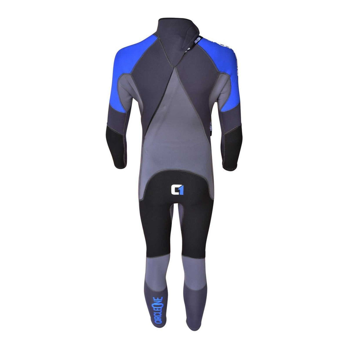 Kids wetsuit in grey, black and bright blue neoprene, with contrasting panels, long sleeves and a diagonal back zip; ARC 5/4mm KIDS.