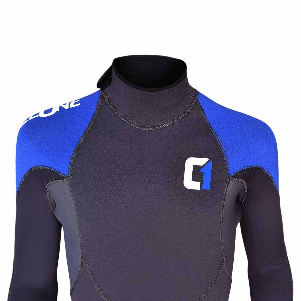 Kids wetsuit, black and charcoal neoprene with bright blue shoulder panels, contrast stitching and white-blue chest logo; ARC 5/4mm KIDS.
