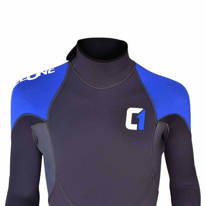 Kids wetsuit, black and charcoal neoprene with bright blue shoulder panels, contrast stitching and white-blue chest logo; ARC 5/4mm KIDS.