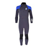 ARC 5/4mm KIDS back-zip wetsuit in dark navy neoprene with bright blue shoulder panels and reinforced black knees.