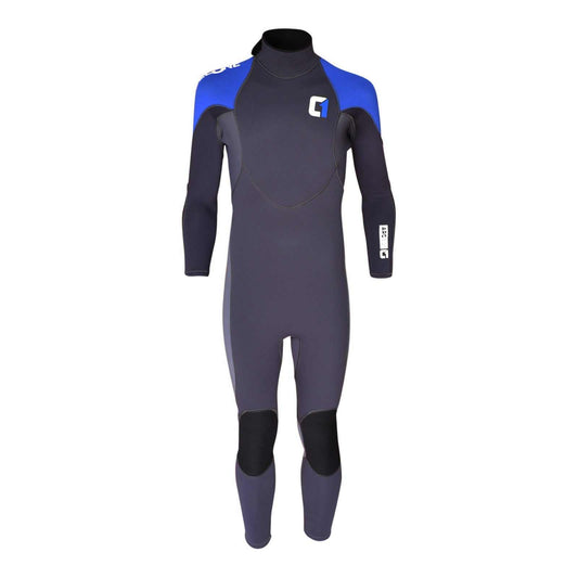 ARC 5/4mm KIDS back-zip wetsuit in dark navy neoprene with bright blue shoulder panels and reinforced black knees.