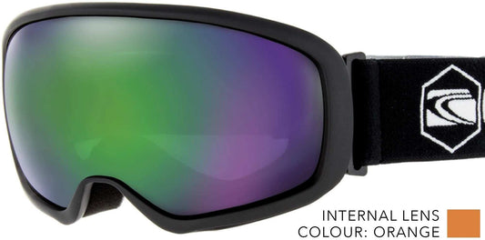 Carve FIRST TRACKS snow goggle with black frame, reflective green and purple anti-fog lens, and adjustable black strap with white logo.