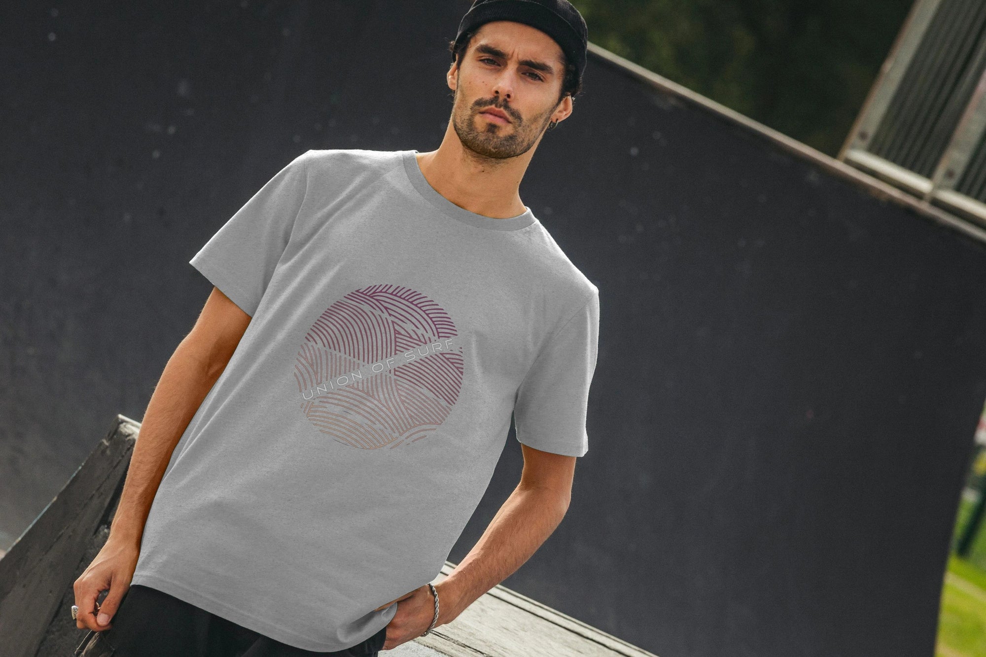 model at the skate park wears coastal print organic cotton t-shirt