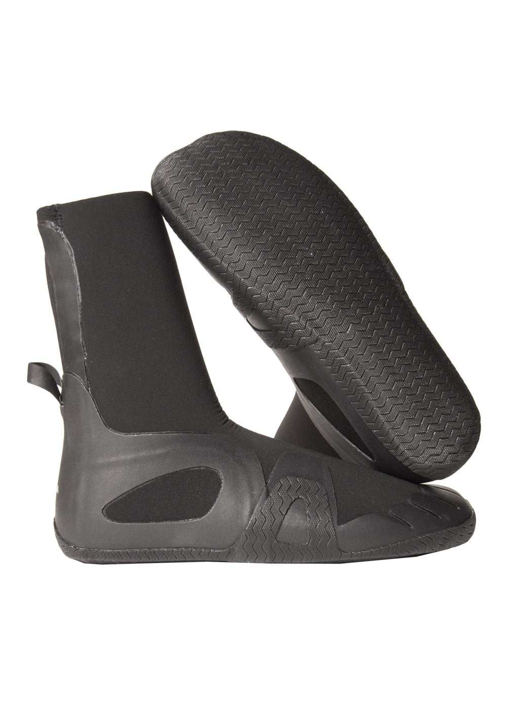 Surf bootie, Vissla 7 Seas 7mm, black neoprene with a round toe, textured sole and heel pull tab.