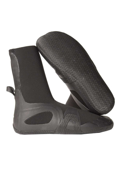 Surf bootie, Vissla 7 Seas 7mm, black neoprene with a round toe, textured sole and heel pull tab.