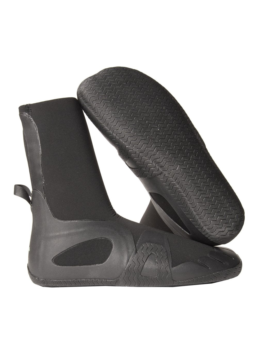 Surf bootie, Vissla 7 Seas 7mm black neoprene with round toe, textured sole and heel pull tab.