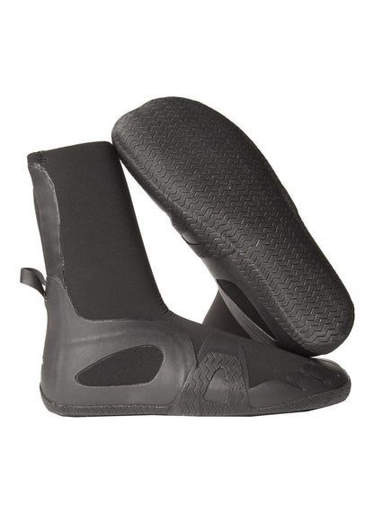 Surf bootie, Vissla 7 Seas 7mm black neoprene with round toe, textured sole and heel pull tab.