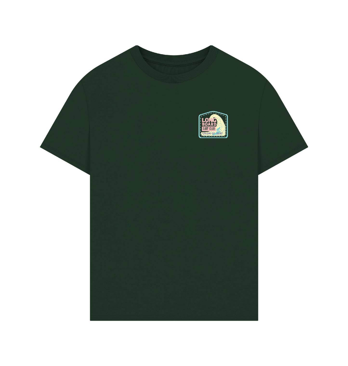 Union Long Board Surf Club men's oversized organic cotton T-shirt with size guide and sustainable production details