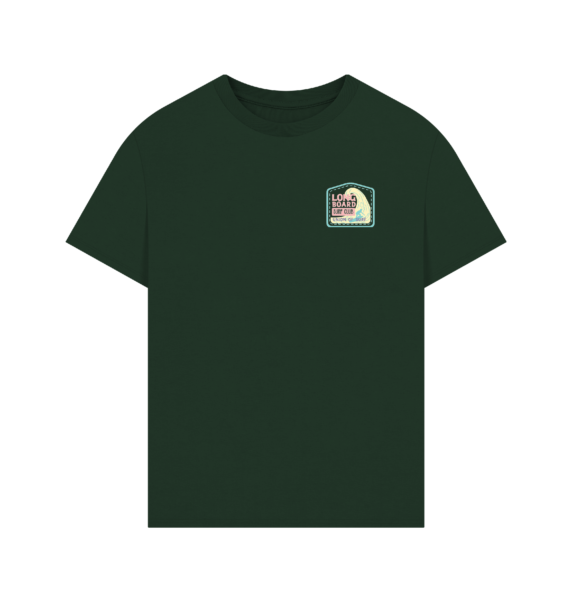 Union Long Board Surf Club men's oversized organic cotton T-shirt with size guide and sustainable production details