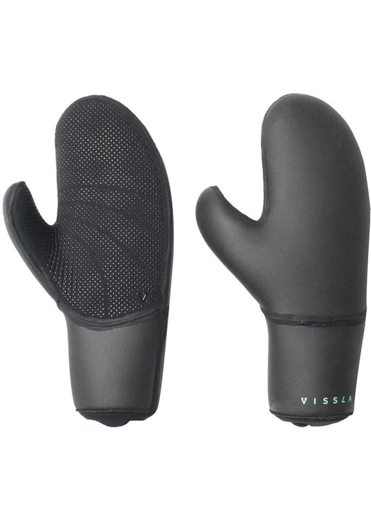 Vissla 7 Seas black neoprene wetsuit mittens with silicon grip palms, smooth skin exterior, and water-tight cuffs