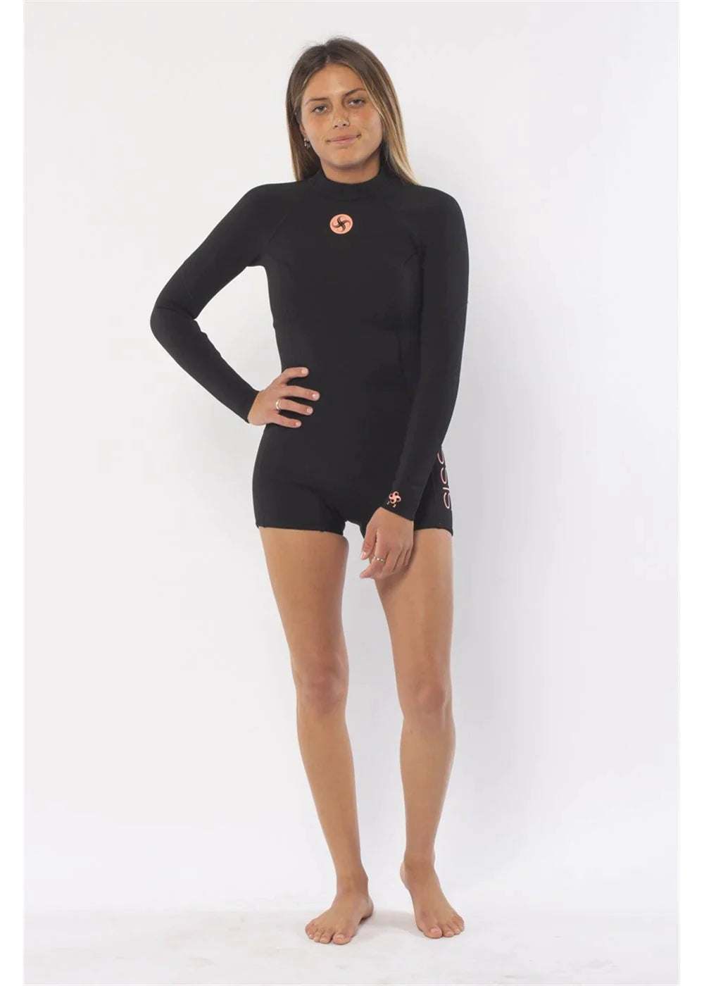Sisstr Summer Seas long-sleeve spring suit in black neoprene, with a high neck, boyshort legs and chest logo.