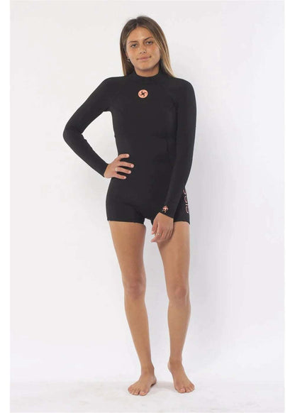 Sisstr Summer Seas long-sleeve spring suit in black neoprene, with a high neck, boyshort legs and chest logo.