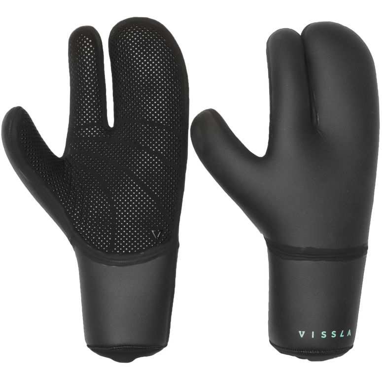 Vissla 7 Seas black neoprene 5mm wetsuit gloves with claw design, silicone grip palms, and smooth skin cuffs