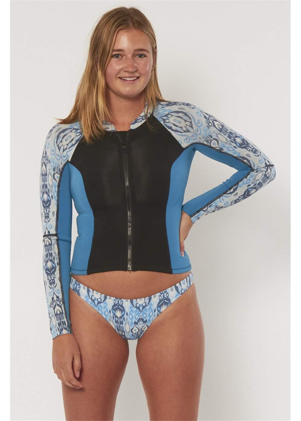 Sisstr summer seas neoprene jacket in black and blue floral-print panels, with a front zip and long sleeves.