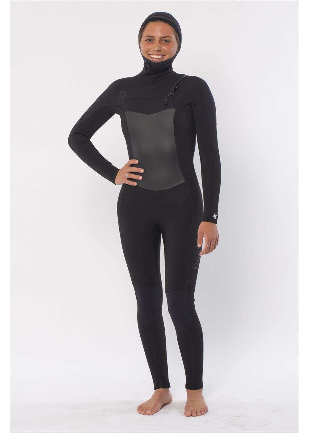Sisstr 7 Seas 6/5 Hooded Chest Zip Wetsuit in black neoprene with a hood, chest zip, and smooth dark gray chest panel design.