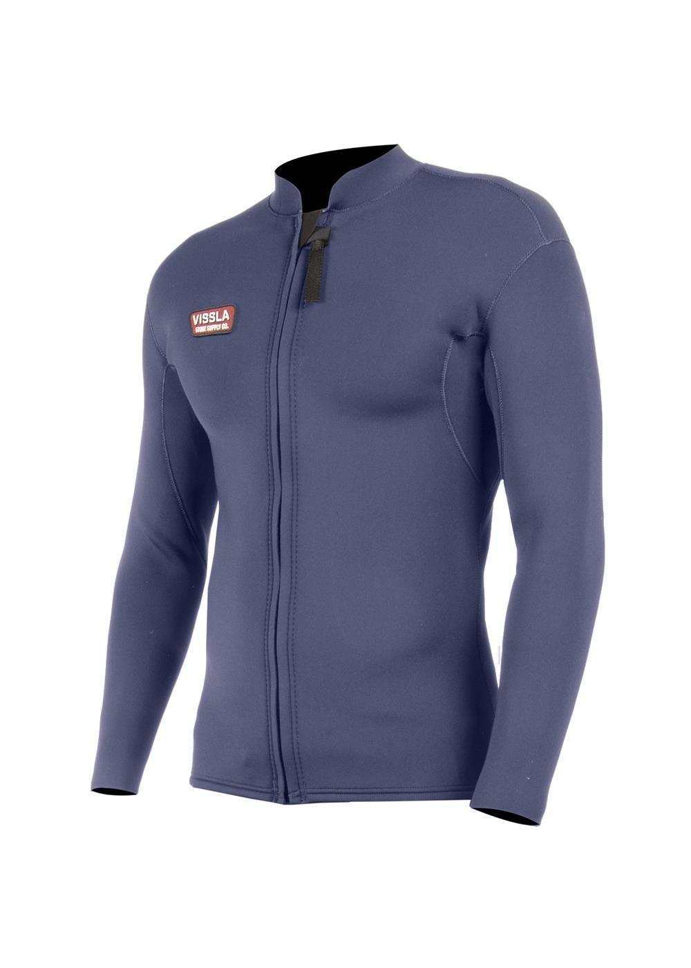Vissla Solid Sets 2mm front zip wetsuit jacket in navy blue neoprene with long sleeves and a slim fit design