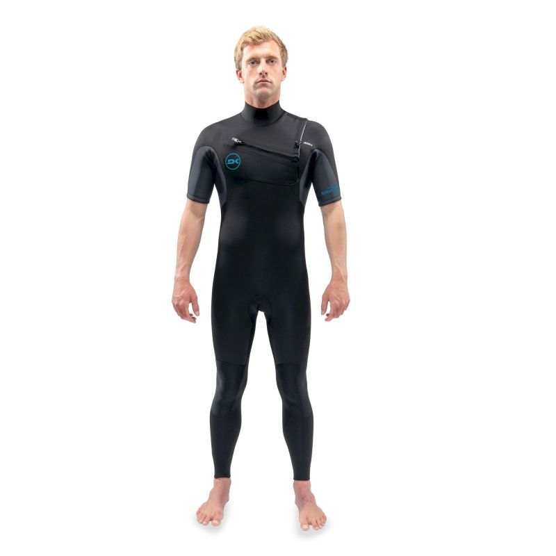 Dakine Quantum Chest Zip SS full wetsuit in black neoprene with chest zip, short sleeves, and blue logo accents on chest and arm