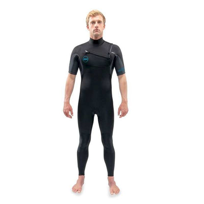 Dakine Quantum Chest Zip SS full wetsuit in black neoprene with chest zip, short sleeves, and blue logo accents on chest and arm