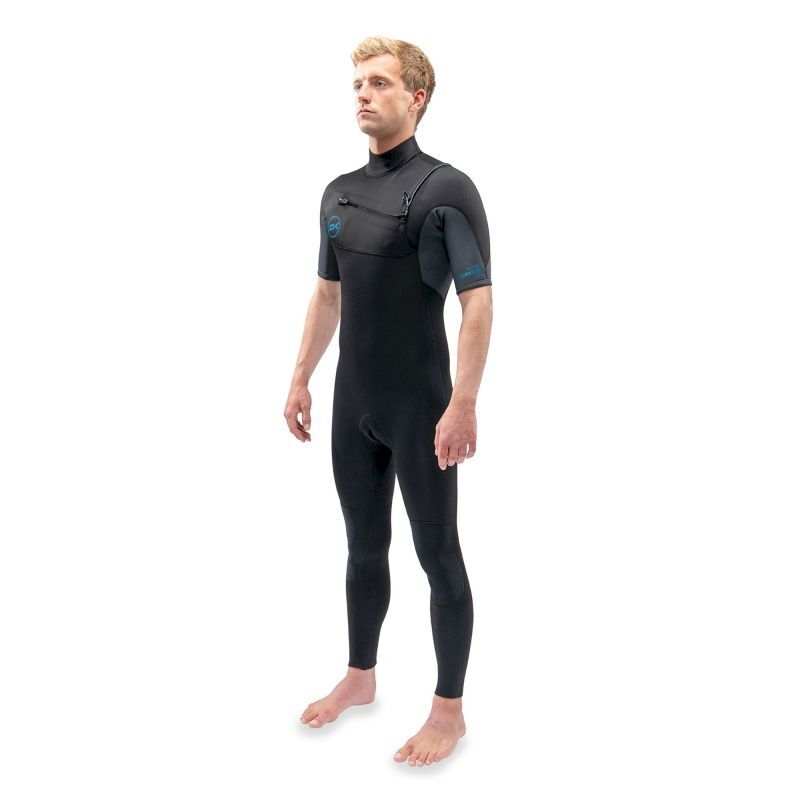 Full-length black neoprene wetsuit with short sleeves and chest zip, featuring the Dakine Quantum Chest Zip SS design and blue logo accents.
