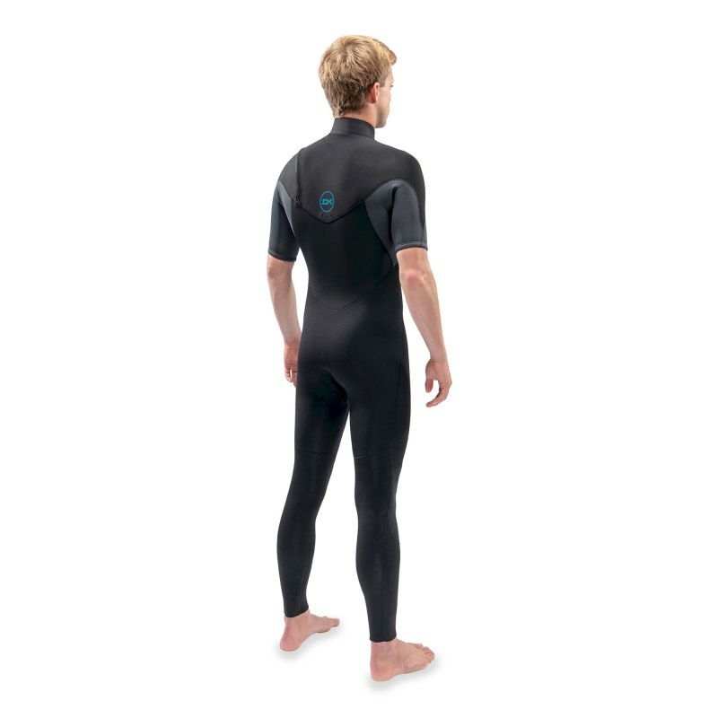 Full-body black wetsuit with short sleeves and chest zip, made of smooth neoprene with minimal logo on back, Dakine Quantum Chest Zip SS design.