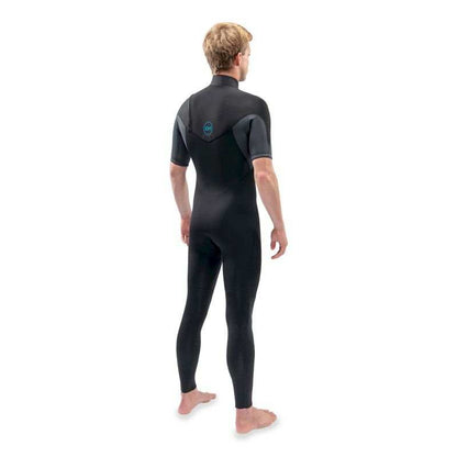 Full-body black wetsuit with short sleeves and chest zip, made of smooth neoprene with minimal logo on back, Dakine Quantum Chest Zip SS design.
