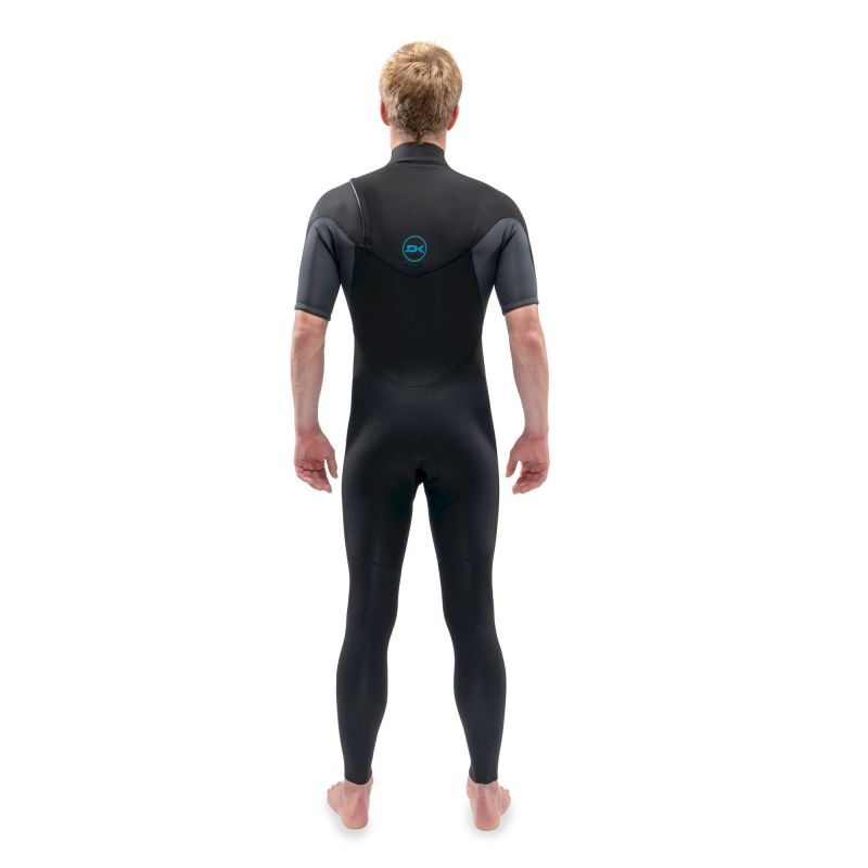 Dakine Quantum Chest Zip SS wetsuit in black and dark grey neoprene with short sleeves and back zipper logo detailing