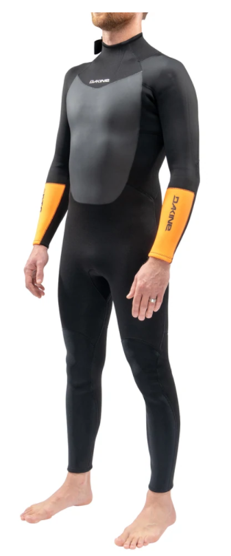 Dakine RTS back zip wetsuit in black with orange hi-vis forearm panels, 5mm neoprene, back zipper, and sleek design