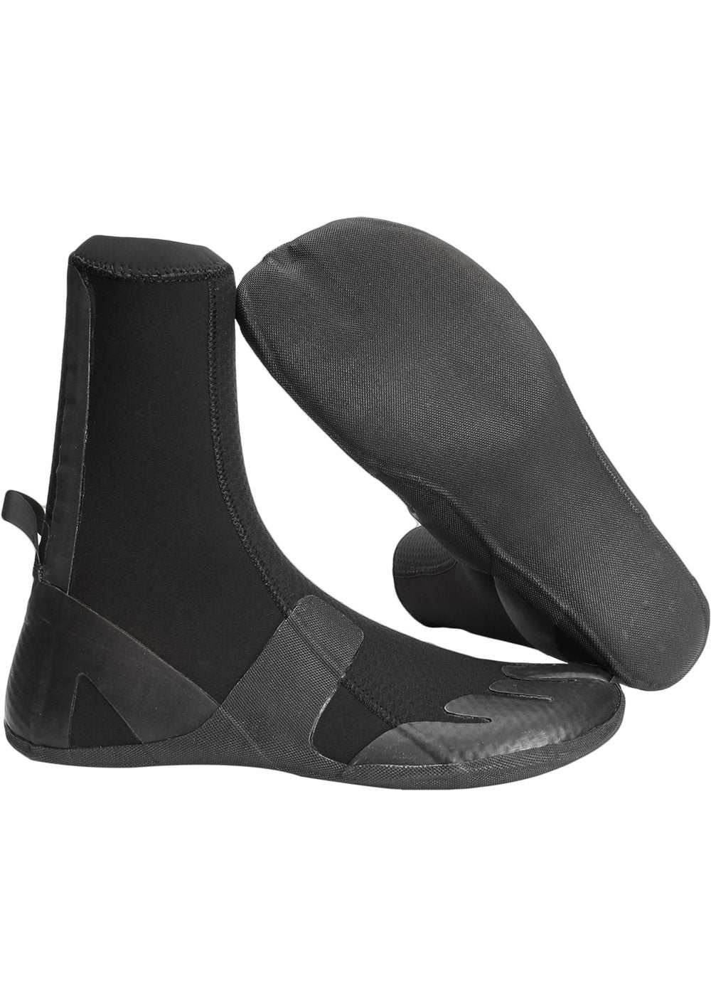 Vissla High Seas black neoprene wetsuit bootie with 3mm thickness, split toe design, pull tab, and textured sole for grip.
