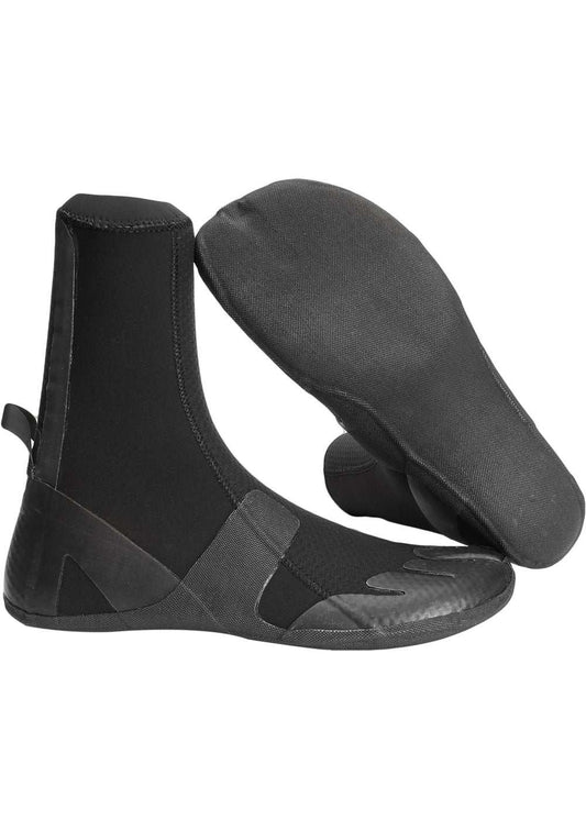 Vissla High Seas black neoprene wetsuit bootie with 3mm thickness, split toe design, pull tab, and textured sole for grip.