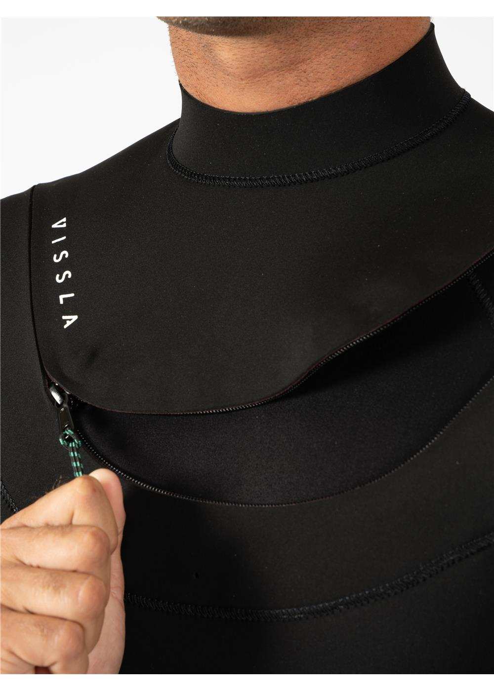 Close-up of a black neoprene wetsuit with Vissla logo and front zipper being partially unzipped, showcasing flexible material and seamless design, highlighting the Vissla New Seas 4-3 V-Zip Wetsuit.