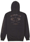 Vissla Twin Amigo hooded fleece in charcoal black cotton, with a washed finish and large back graphic print.