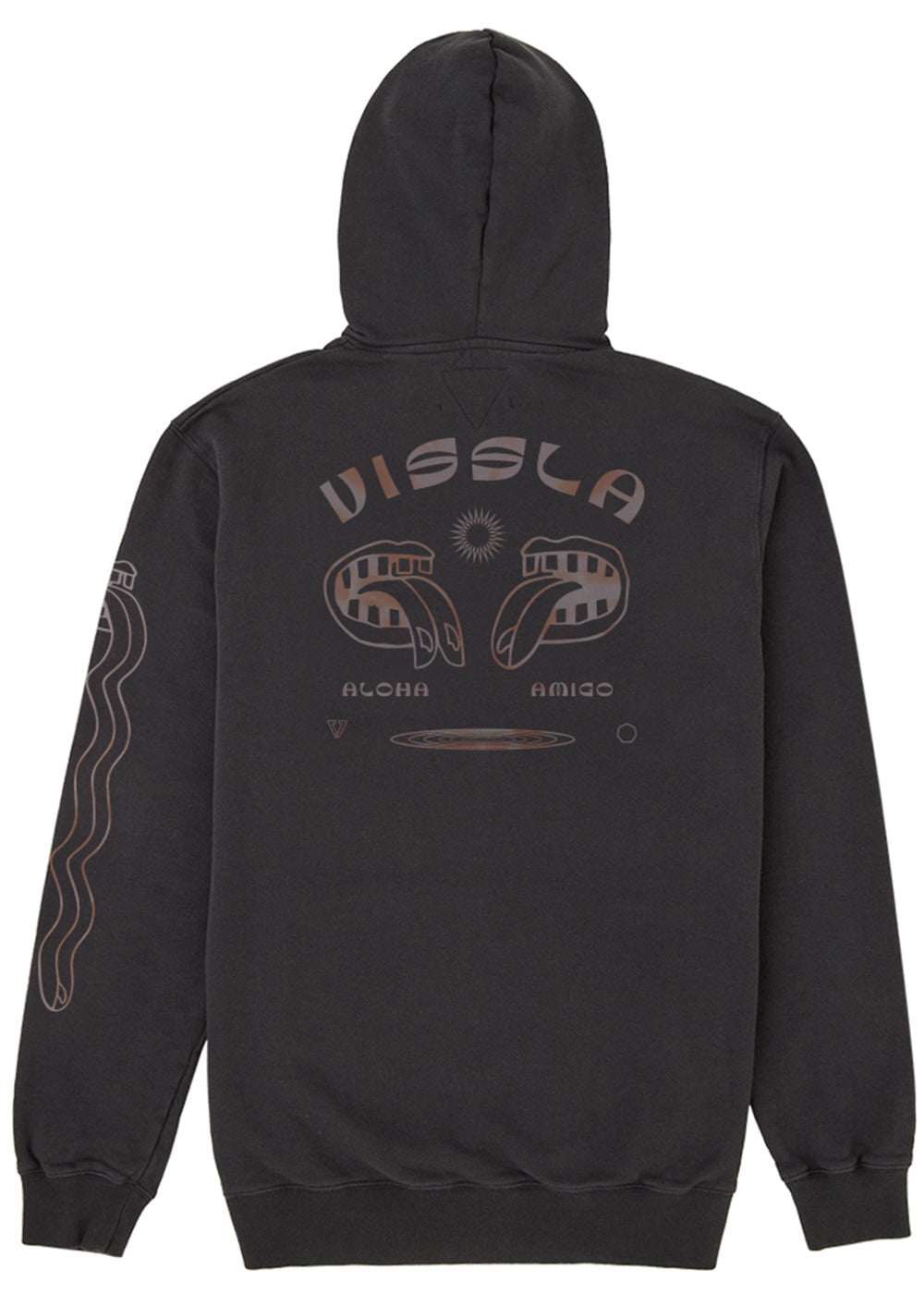 Vissla Twin Amigo hooded fleece in charcoal black cotton, with a washed finish and large back graphic print.