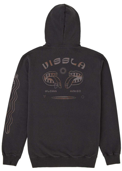 Vissla Twin Amigo hooded fleece in charcoal black cotton, with a washed finish and large back graphic print.