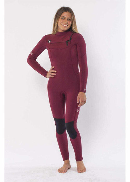 Women's burgundy Sisstrevolution 7 seas wetsuit with chest zip, black knee pads, and sleek stretch neoprene design