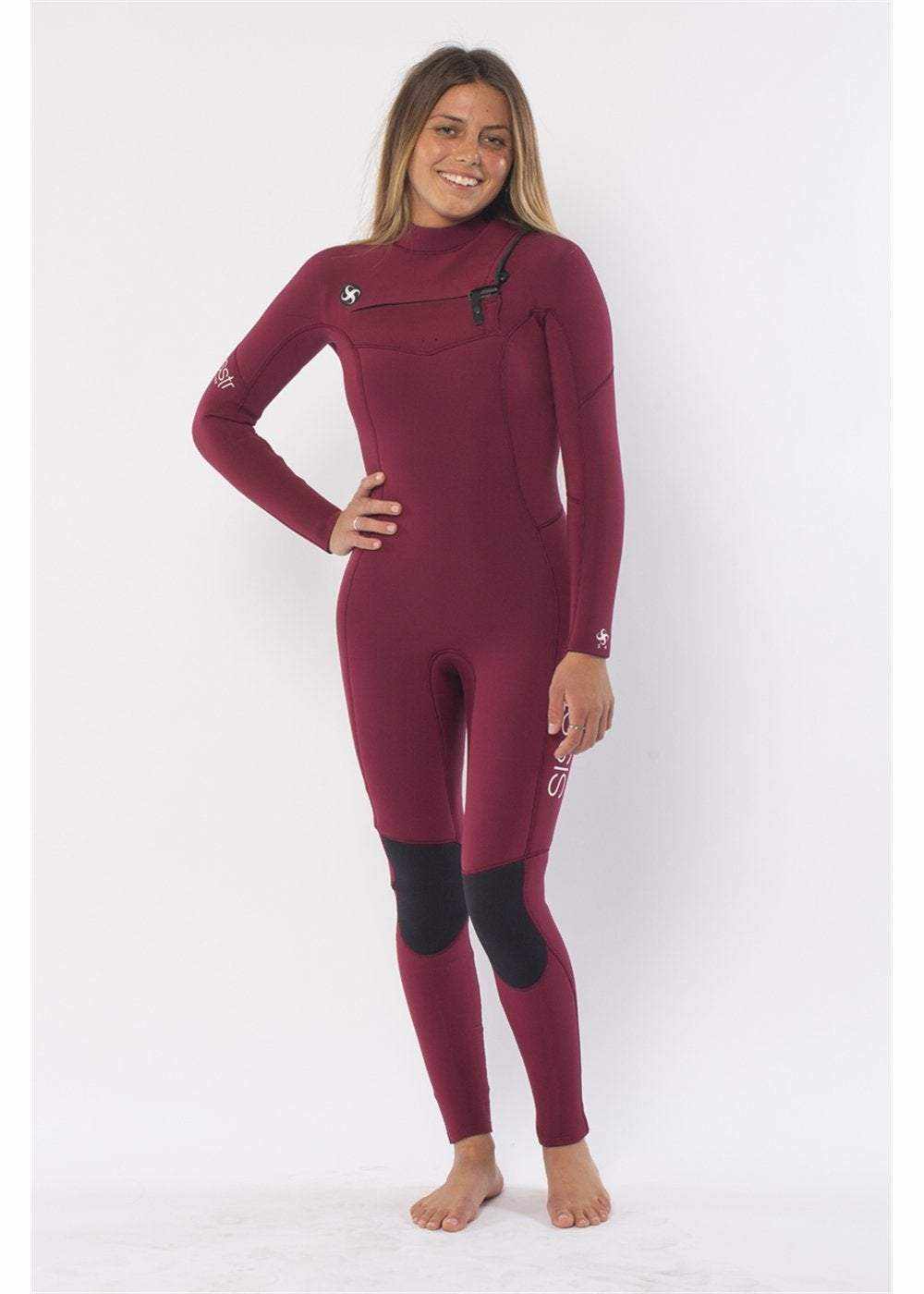 Sisstr 7 Seas 5/4 Chest Zip Wetsuit in deep red neoprene with black knee pads, chest zipper, and sleek, fitted design