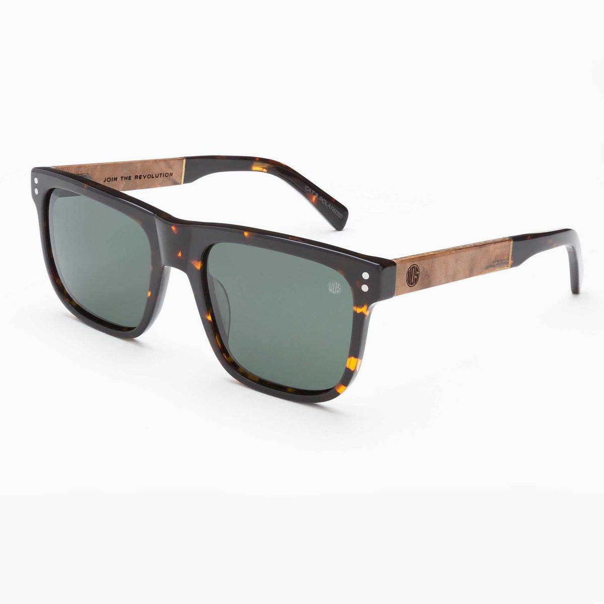 Driftwood Polarised Sunglasses with eco-friendly cellulose frame and natural wood arms, featuring premium polarised lenses and classic square design.