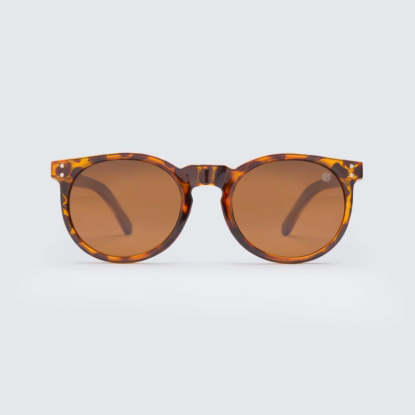 Mini Malibu circular sunglasses with pink camo frame, rose gold polarized lenses, and wooden arms