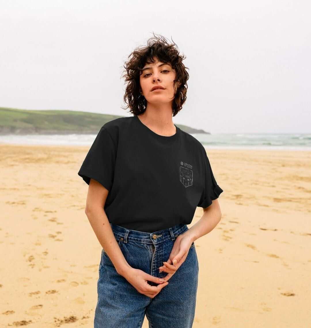 Women's graphic tees made from organic cotton with vibrant beach-inspired prints and sustainable production.