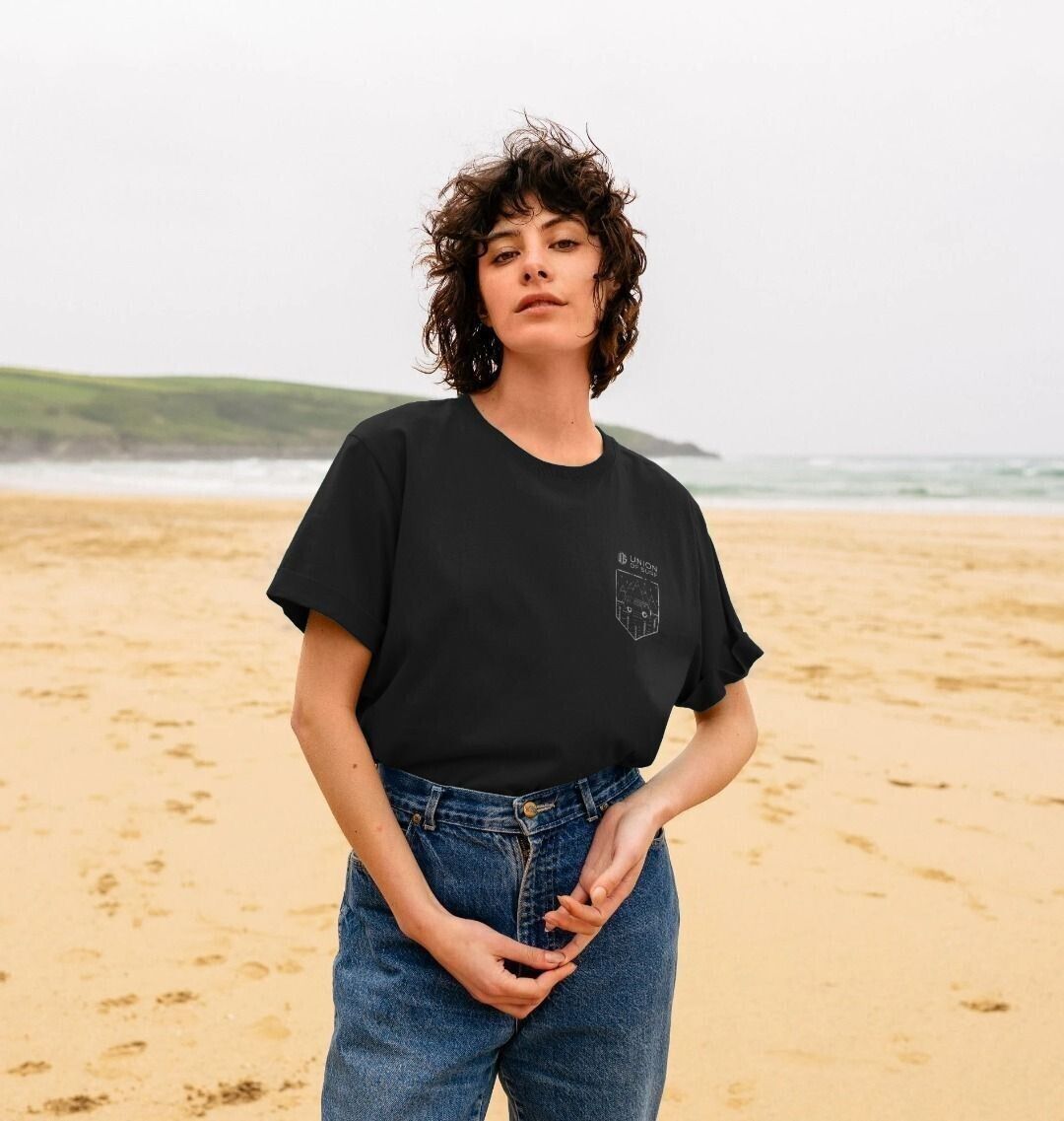 Women's graphic tees made from organic cotton with vibrant beach-inspired prints and sustainable production.