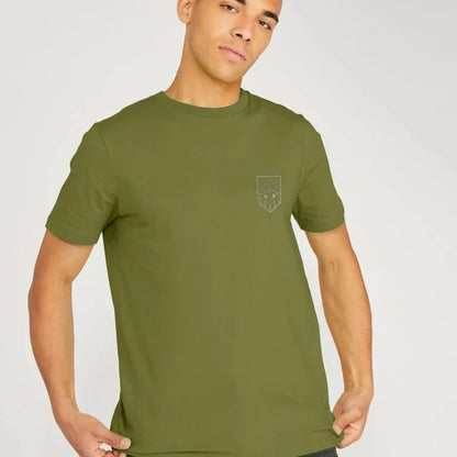 Mens green khaki t-shirt with camper van print on the front.