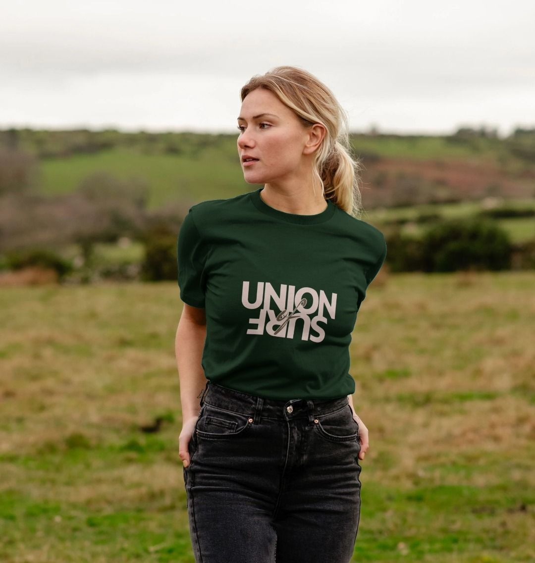 Union of surf casual organic cotton men's t-shirts size guide with sustainability details