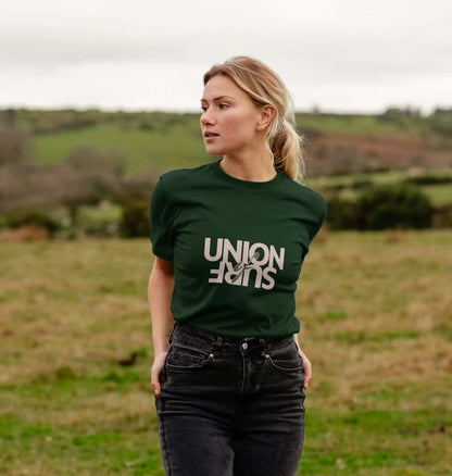 Union of surf casual organic cotton men's t-shirts size guide with sustainability details