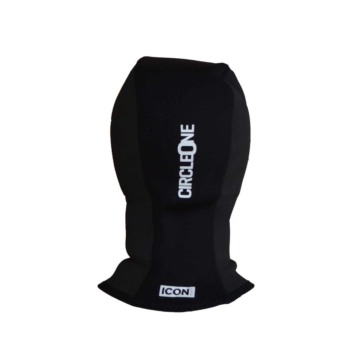 3mm ICON Wetsuit Hood in black neoprene, with a sculpted face opening, extended neck gator and branded panels.