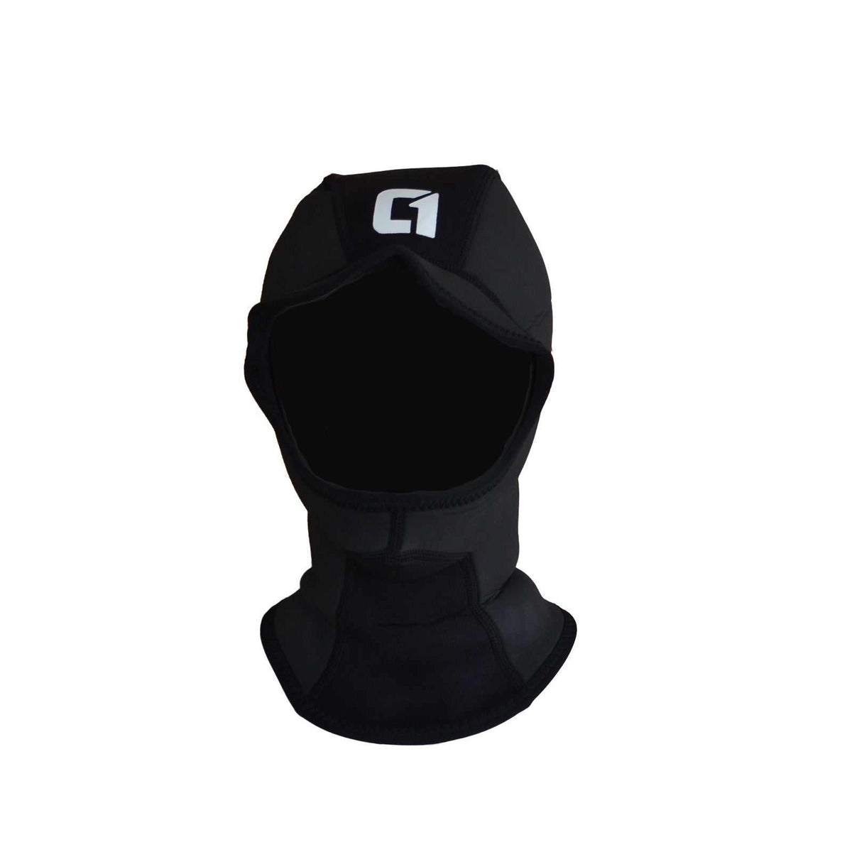 3mm ICON Wetsuit Hood in black neoprene, with a face opening, extended neck gator and white logo.