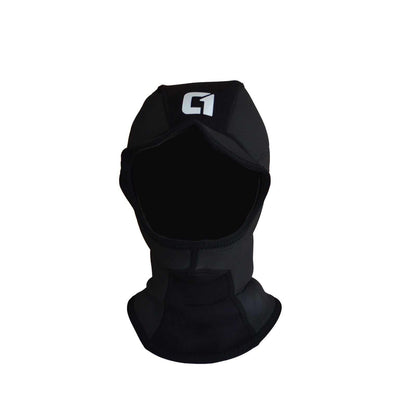3mm ICON Wetsuit Hood in black neoprene, with a face opening, extended neck gator and white logo.