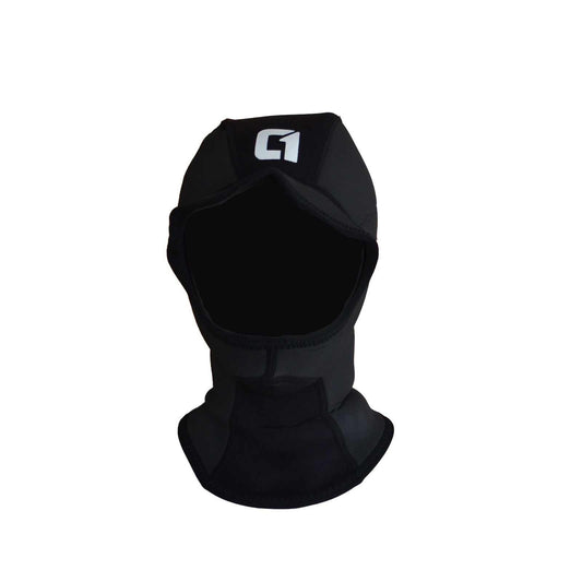 3mm ICON Wetsuit Hood in black neoprene, with a face opening, extended neck gator and white logo.
