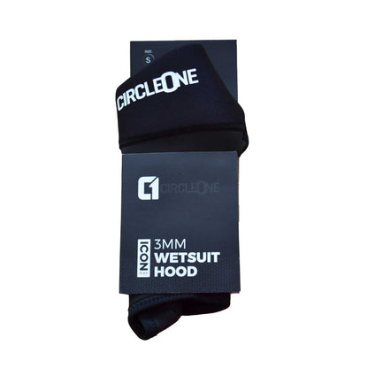 3mm ICON Wetsuit Hood in black stretch neoprene, with bold white branding and a contoured, extended neck gaiter.