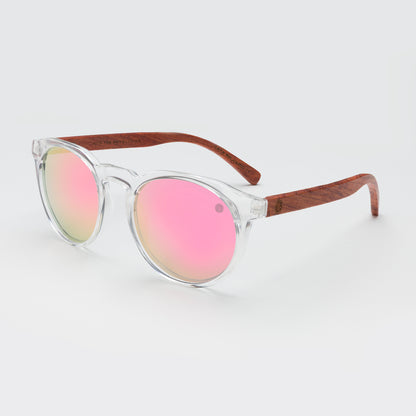 close up photo clear frame sunglasses with pink mirror lens.