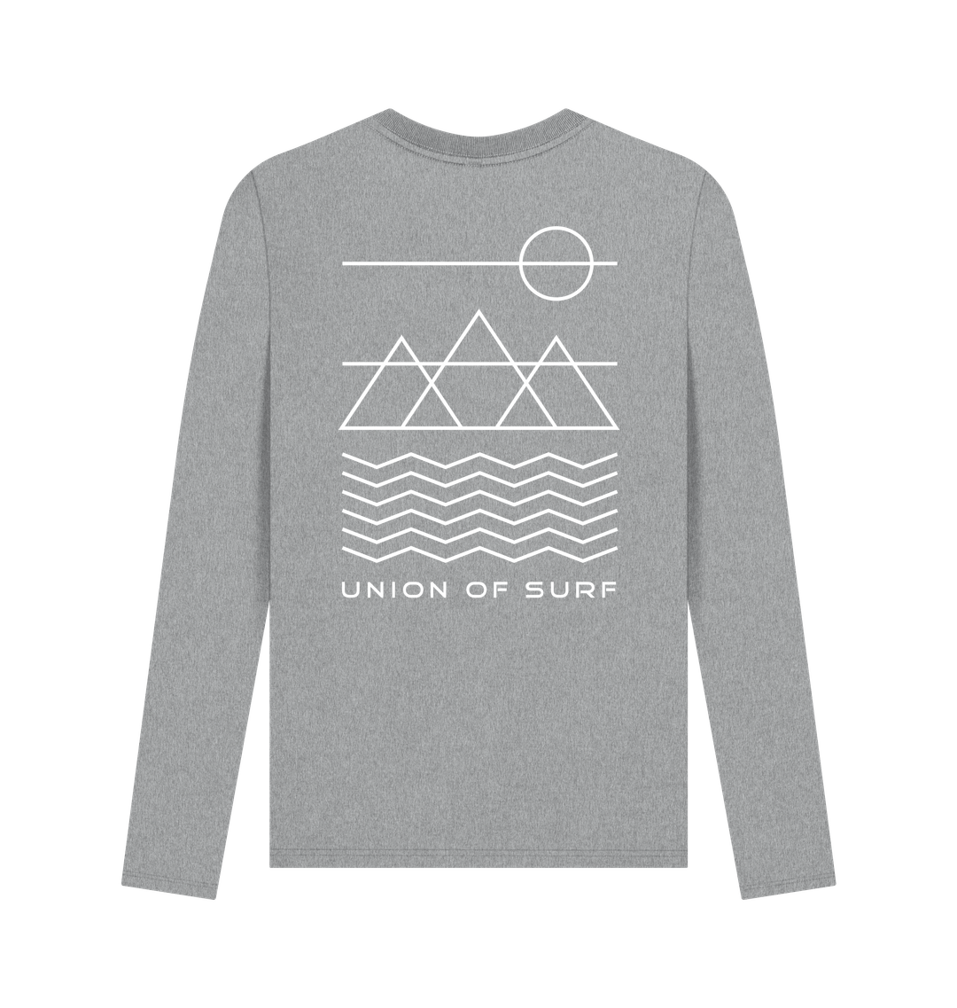 Grey Men’s long sleeve graphic t-shirt by Union of Surf with white mountain and wave design.